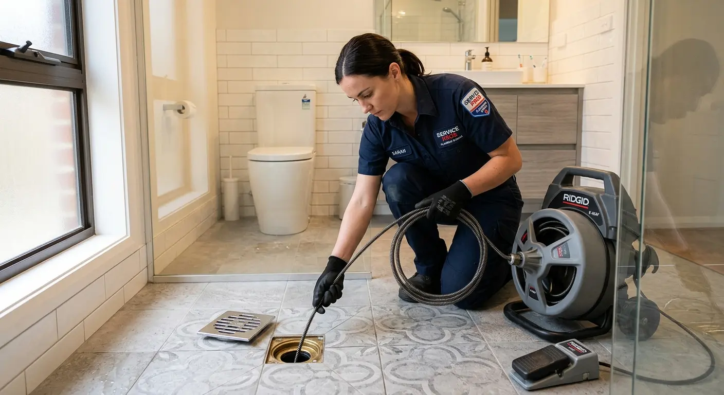 Technician clearing a bathroom floor drain for Hydro Jetting in Fairview